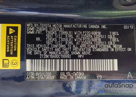 2013 Lexus Rx 350 z USA, uszkodzony, nr VIN 2T2BK1BA9DC199992